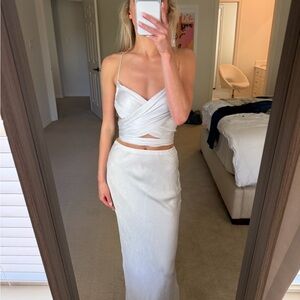 Meshki White-Silver Wrap Crop Top & Maxi Skirt Set